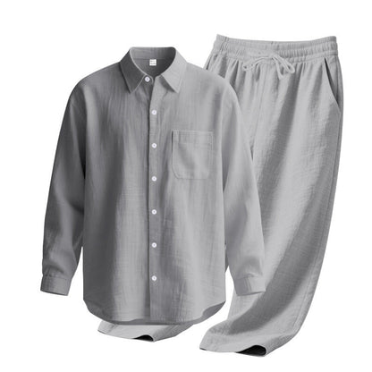 Linen solid color lapel buckle casual long sleeved pants men's suit - UrbanNest Co