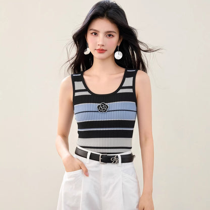 Chic Color - Block Stripe Sleeveless Knit Top Women's Fashion Summer Casual Elegant Chanel - Inspired Slim Fit Crew Neck Vest - UrbanNest Co