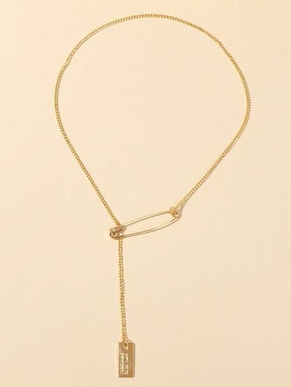 Punk Hip Hop Goth Style Gold Silver Chain Pin Square Pendant Y Lariat Necklace - UrbanNest Co
