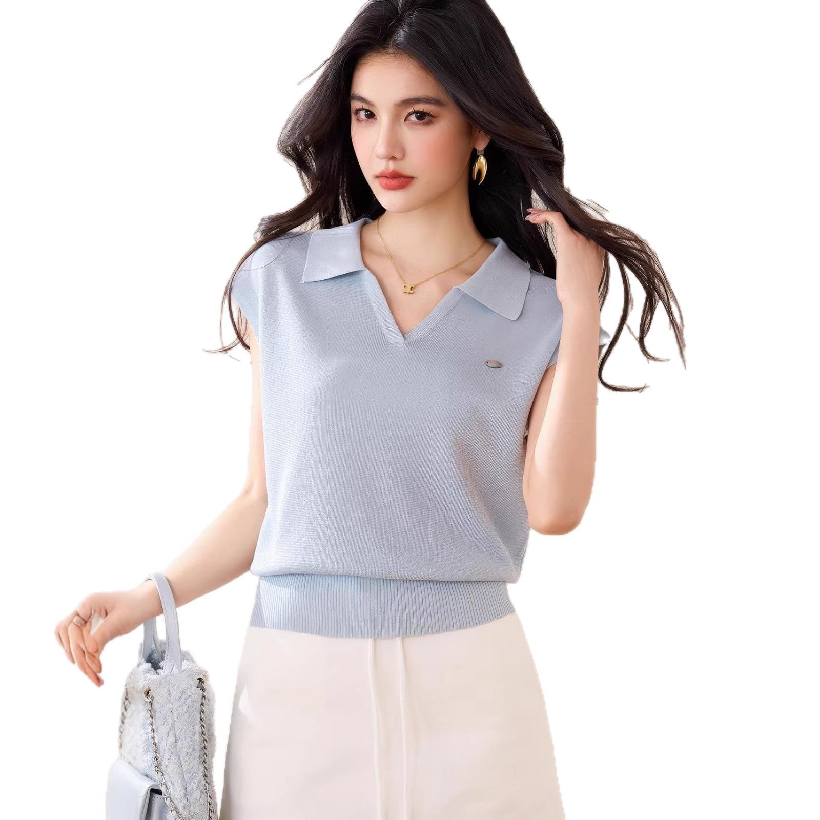 Blue Knitted Polo Shirt Women's Short Sleeve T-Shirt V - Neck Slim Fit Youthful and Brightening Top - UrbanNest Co