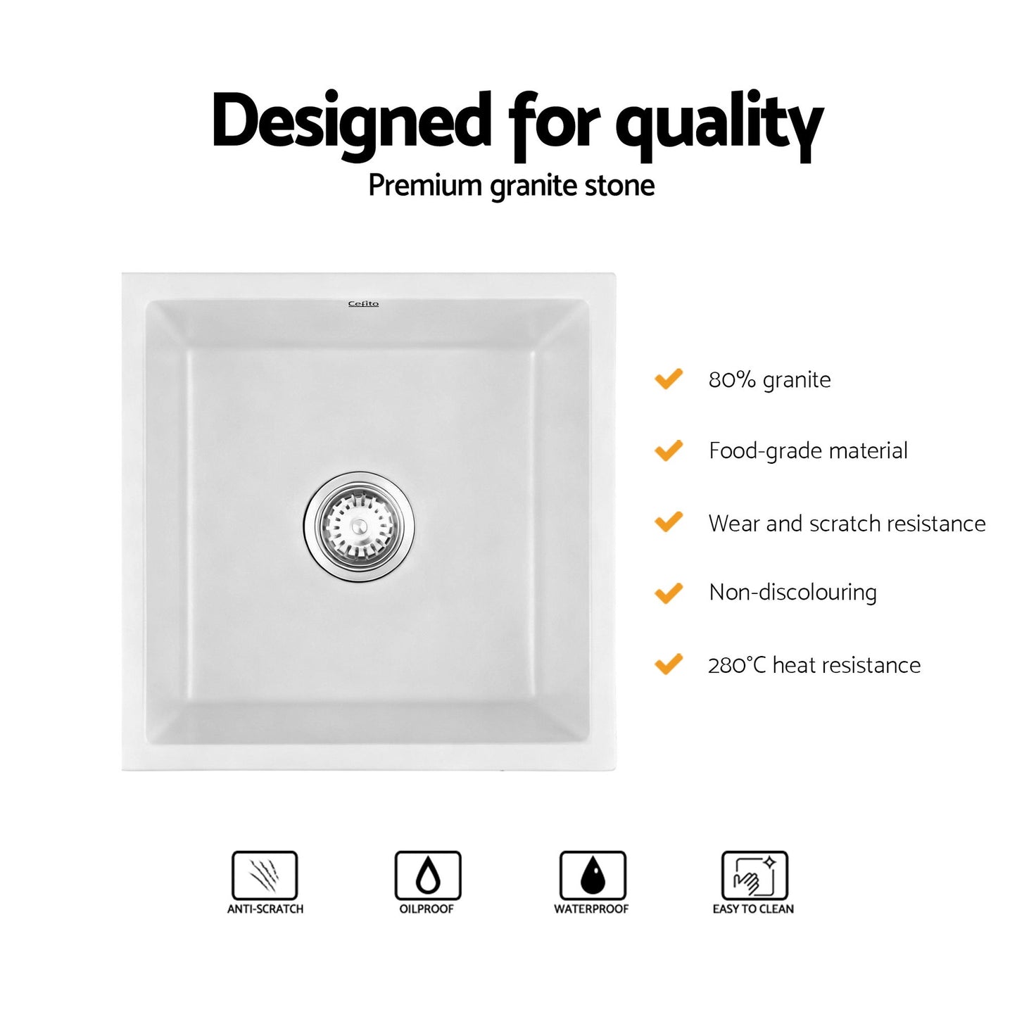 Cefito Kitchen Sink 45x45cm Granite Stone Sink Single Bowl White - UrbanNest Co