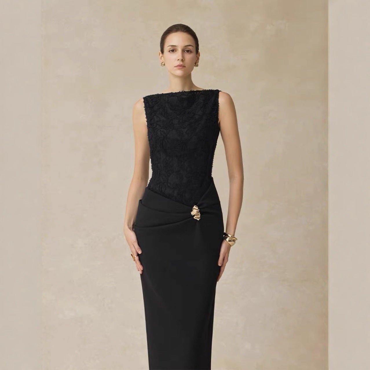 Elegant One - Shoulder Long Sleeve Fitted Dress with Lace Splicing Sleeveless Evening Gown - UrbanNest Co