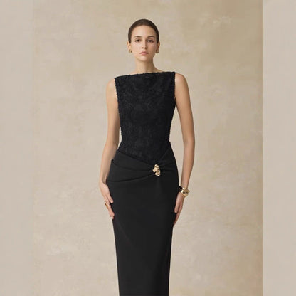 Elegant One - Shoulder Long Sleeve Fitted Dress with Lace Splicing Sleeveless Evening Gown - UrbanNest Co