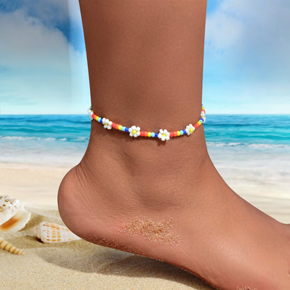 Bohemian Handmade Blue White Beaded Braided Flower Beach Anklet Foot Jewellery - UrbanNest Co