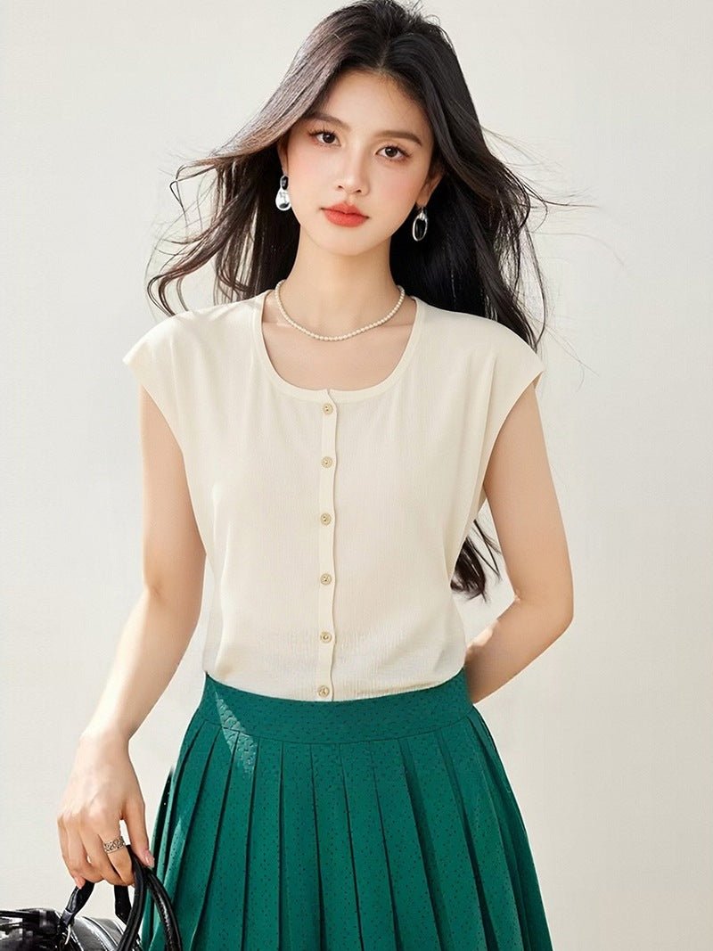 Vintage Tweed Square Neck Short Sleeve Knit Top for Women Summer Unique Elegant Gold Single Row Button Cardigan - UrbanNest Co
