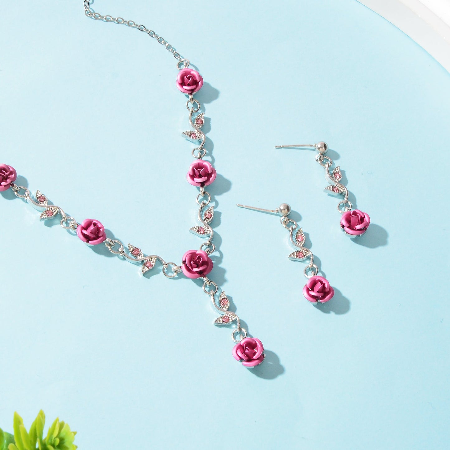 Jewellery set Silvery Chain Pink Flower Pendant Necklace Dangle Earrings - UrbanNest Co