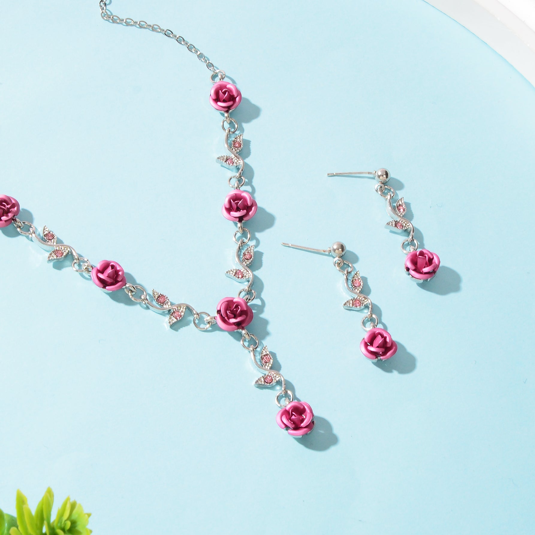 Jewellery set Silvery Chain Pink Flower Pendant Necklace Dangle Earrings - UrbanNest Co