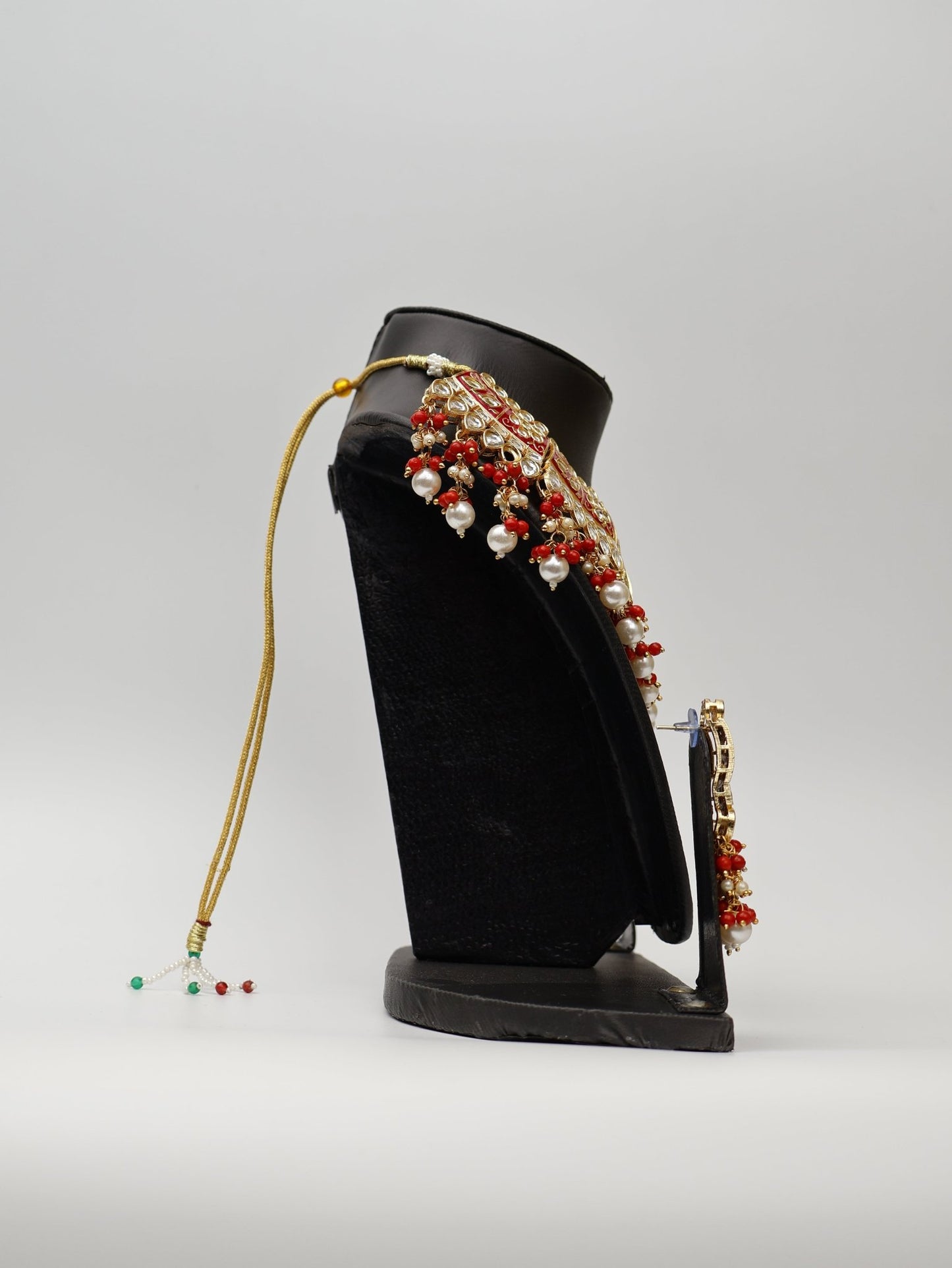 Red Meenakari Kundan & Pearl Necklace Set with Earrings & Mang Tikka. - UrbanNest Co