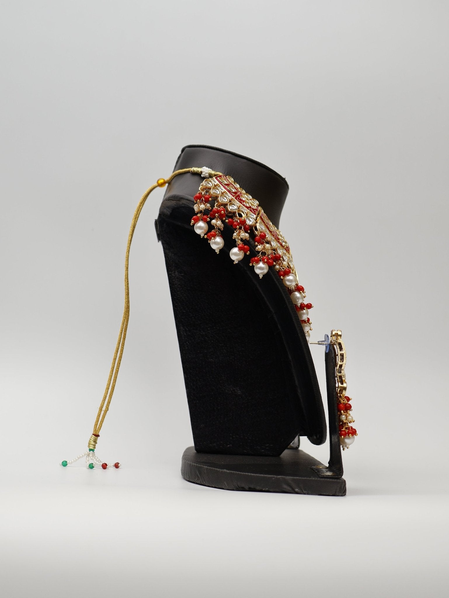 Red Meenakari Kundan & Pearl Necklace Set with Earrings & Mang Tikka. - UrbanNest Co