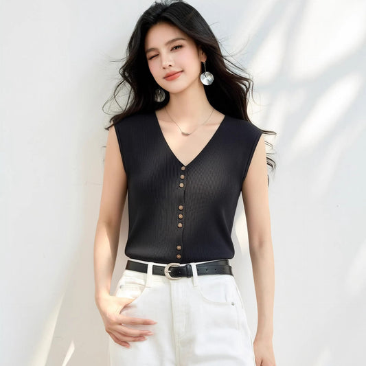 V - neck Knit Sleeveless Top for Women Single - Button Front, Lightweight Fitted Blouse, Slimming Vest - UrbanNest Co
