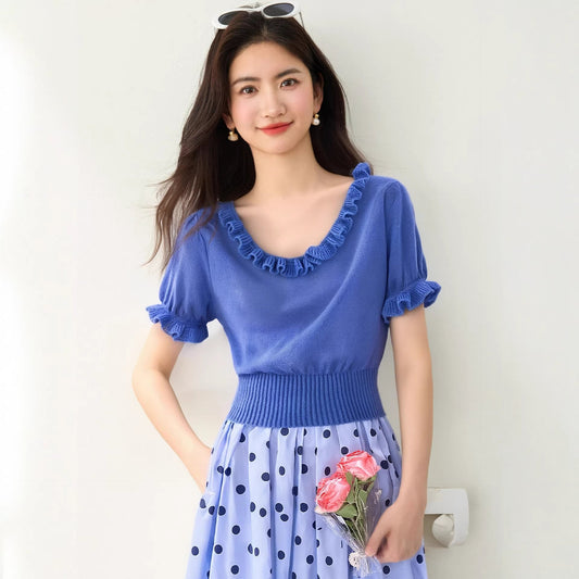 Elegant V - Neck Lace Knit Top for Women Chic and Youthful Look, Perfect for Petite Figures - UrbanNest Co