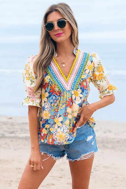 Gwen Crochet V Neck Boho Floral Blouse - UrbanNest Co