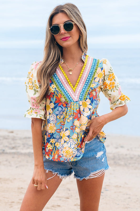 Gwen Crochet V Neck Boho Floral Blouse - UrbanNest Co