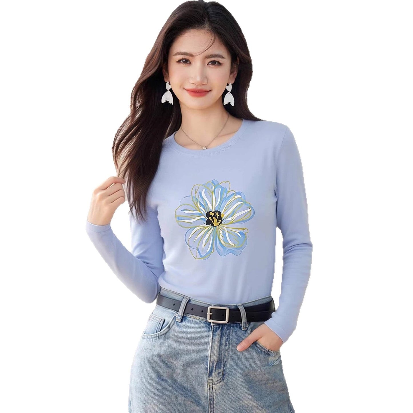Cute round neck loose pullover long sleeve T-shirt spring lazy style youthfulness print design top for women - UrbanNest Co