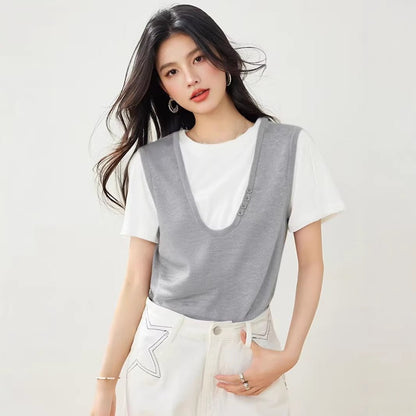 Color blocking V - neck fake two piece short sleeved T-shirt for women's summer design layered loose and slimming top - UrbanNest Co