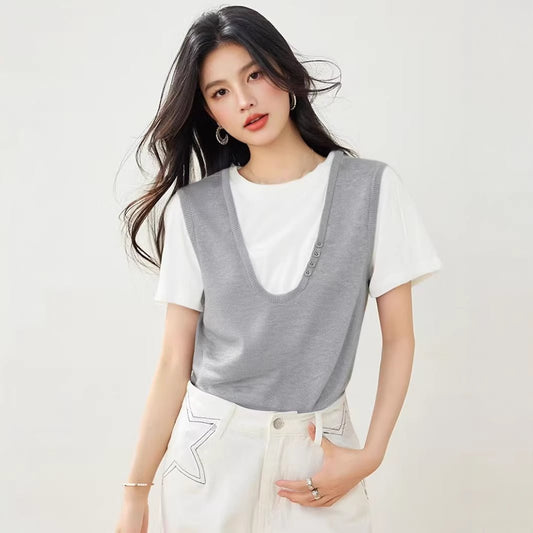 Color blocking V - neck fake two piece short sleeved T-shirt for women's summer design layered loose and slimming top - UrbanNest Co