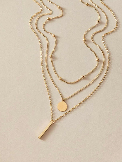 Boho Multi - Layer 3pcs Bar Disc Charm Metal Round Beads Chain Choker Necklace - UrbanNest Co