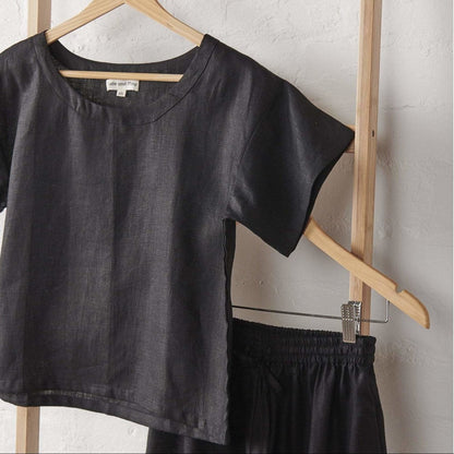 Linen Tee & Pant Pyjama Set in Black - UrbanNest Co