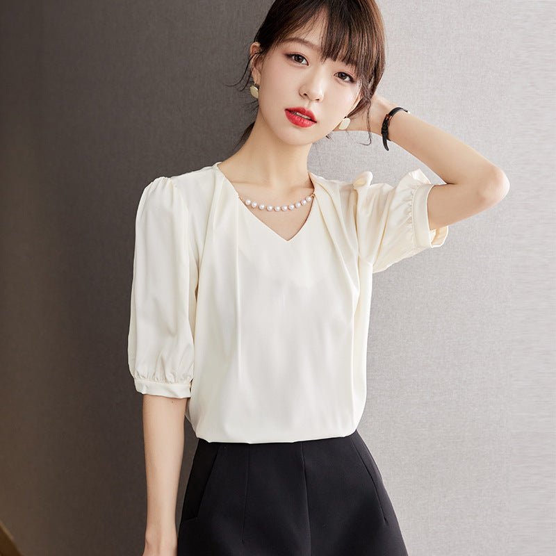 Cream V - neck Puff Sleeve Short Sleeve Blouse Women Loose Shirt Satin Top - UrbanNest Co