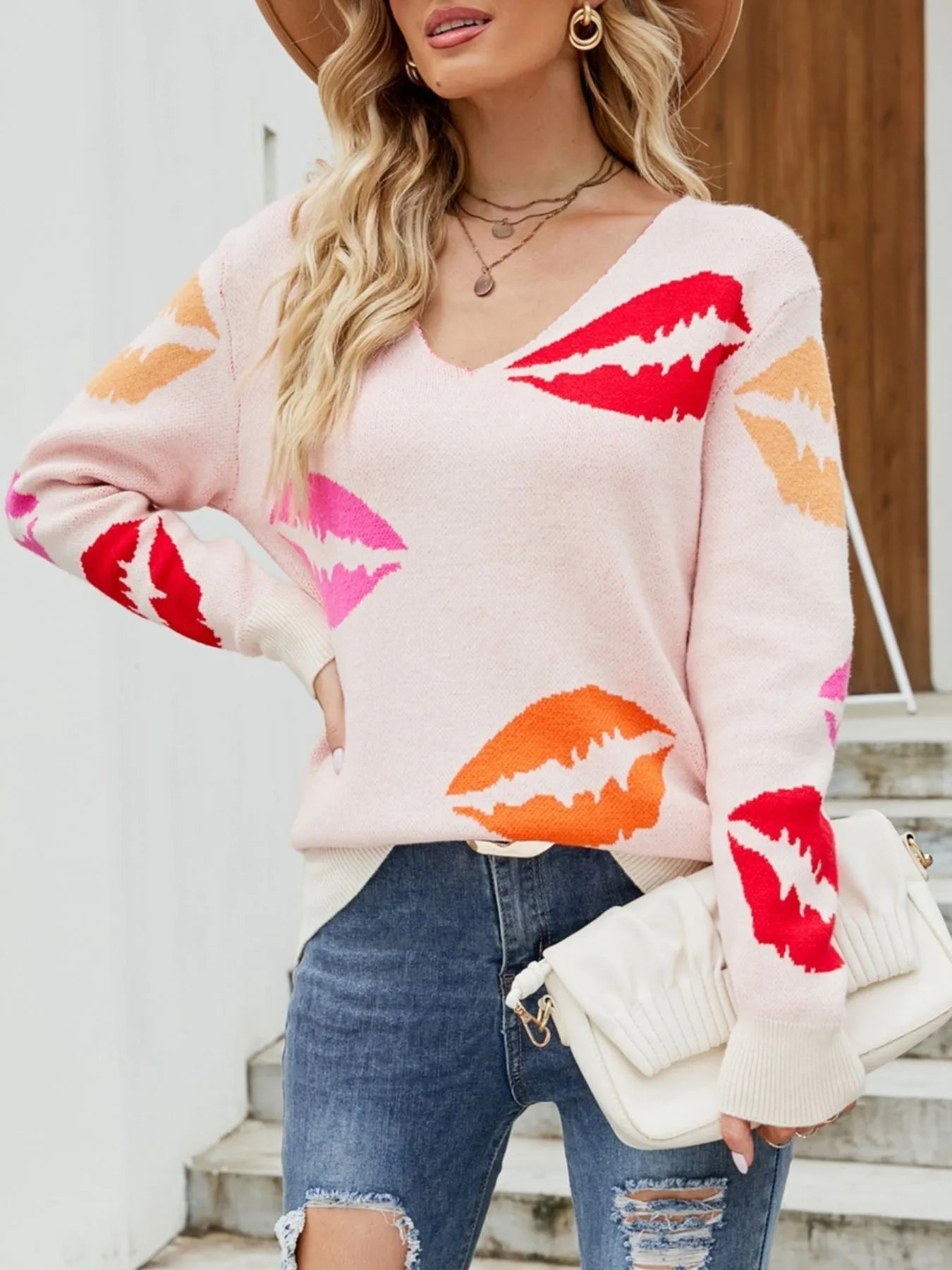 Colorful Lips V - Neck Sweater - UrbanNest Co