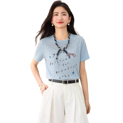 Round Neck Ice Silk Short Sleeve Knit Top for Women Fashionable Slimming Versatile Summer Top - UrbanNest Co