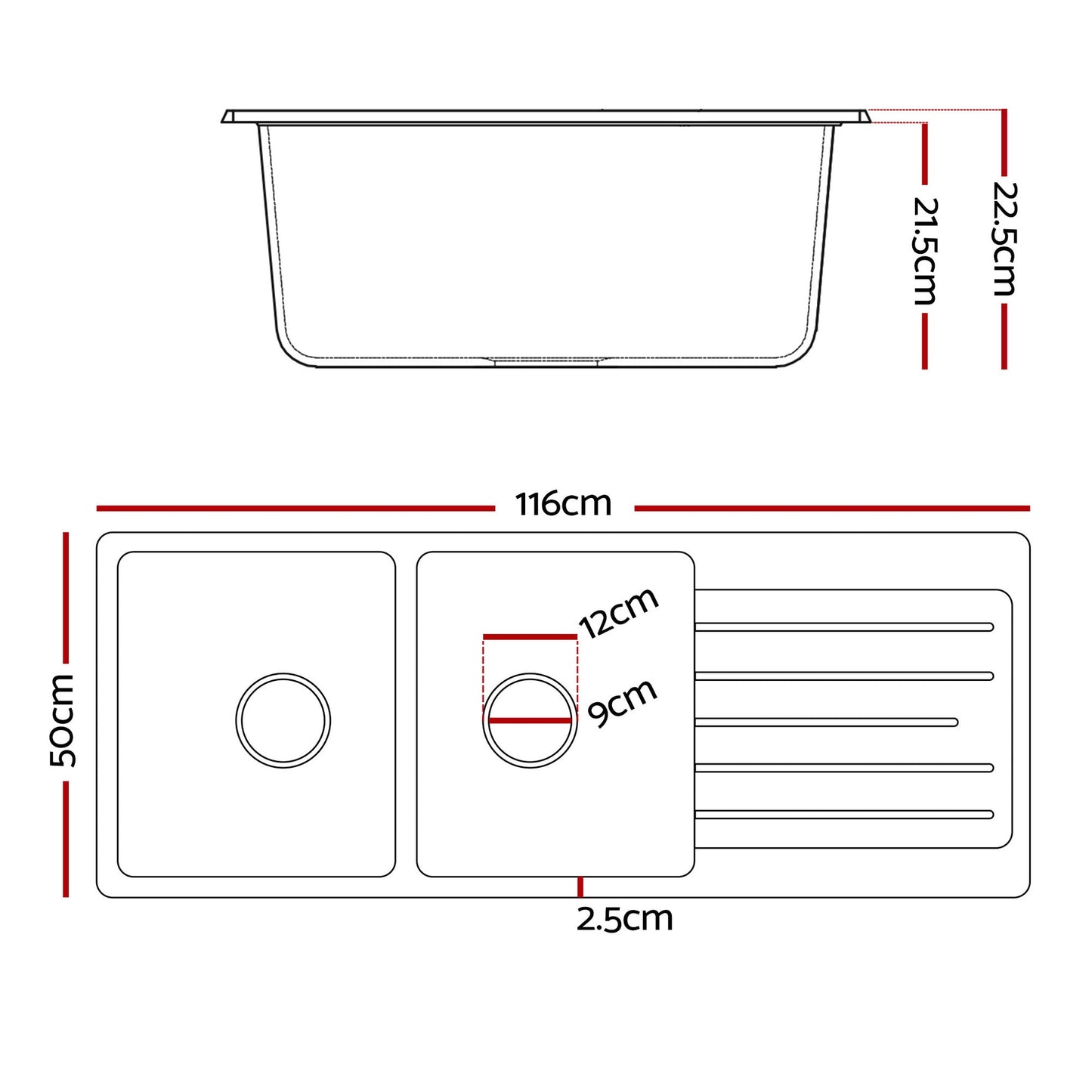 Cefito Kitchen Sink 116x50cm Granite Stone Sink Double Bowl Black - UrbanNest Co