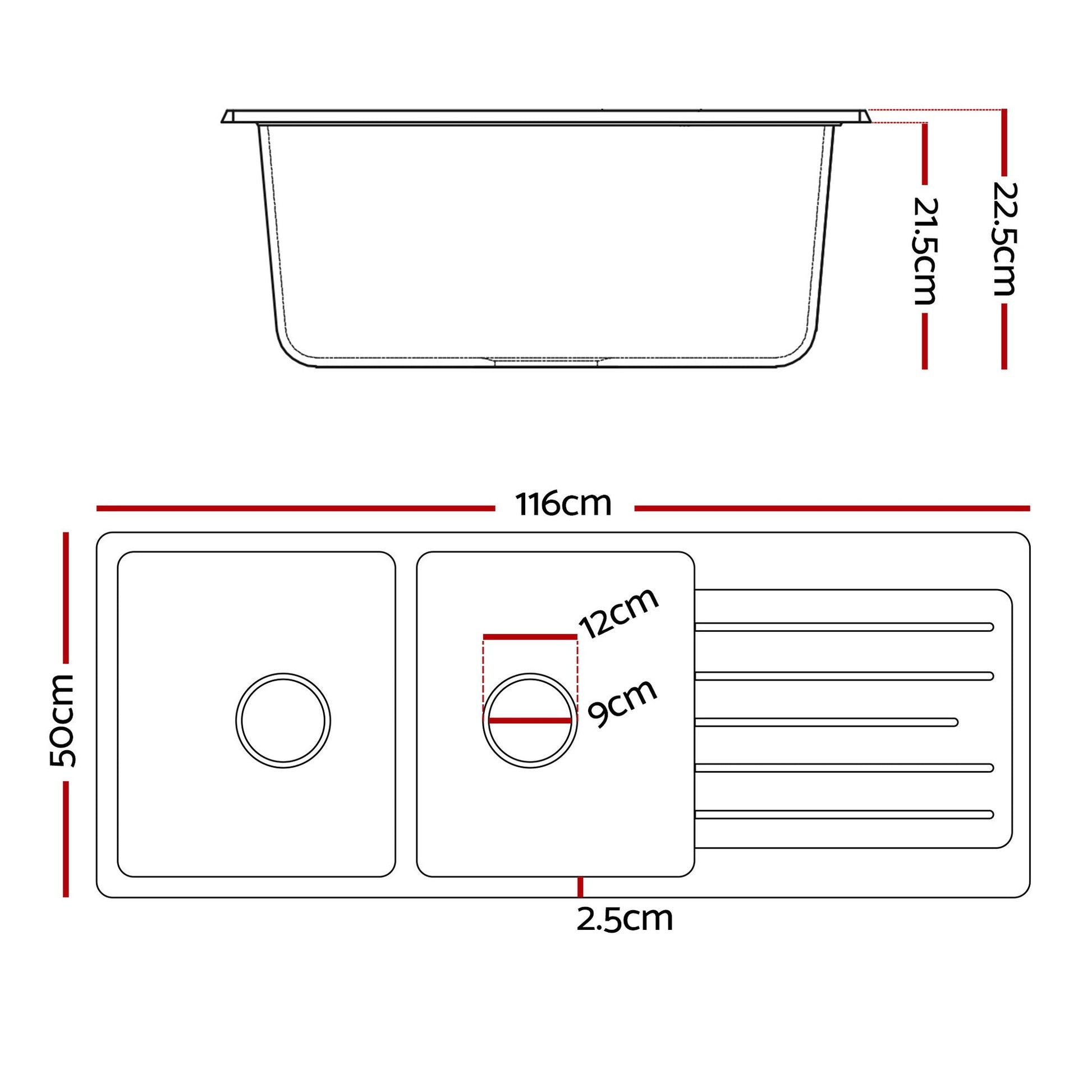 Cefito Kitchen Sink 116x50cm Granite Stone Sink Double Bowl Black - UrbanNest Co
