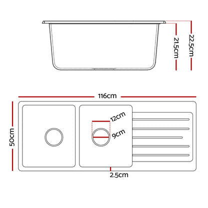 Cefito Kitchen Sink 116x50cm Granite Stone Sink Double Bowl Black - UrbanNest Co