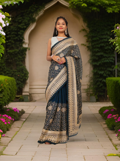 Designer Saree with Stone & Heavy Zari Work Embroidery Work by Shreekama - UrbanNest Co