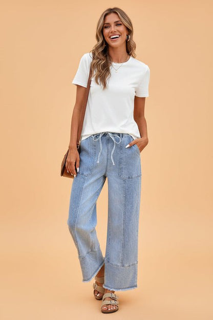 Denim Raw Hem Drawstring Wide Leg Pants - UrbanNest Co