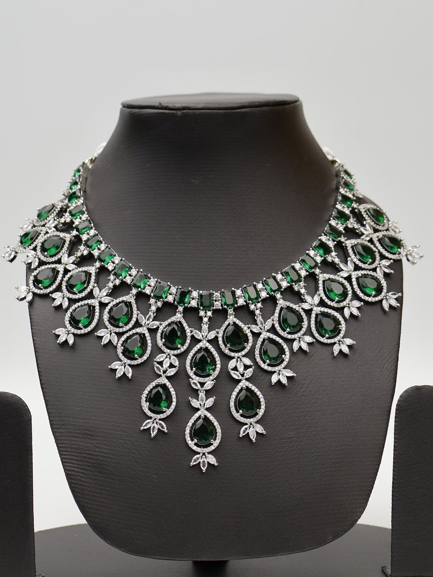 Green Stones Reverse AD Necklace Set with Earings - UrbanNest Co