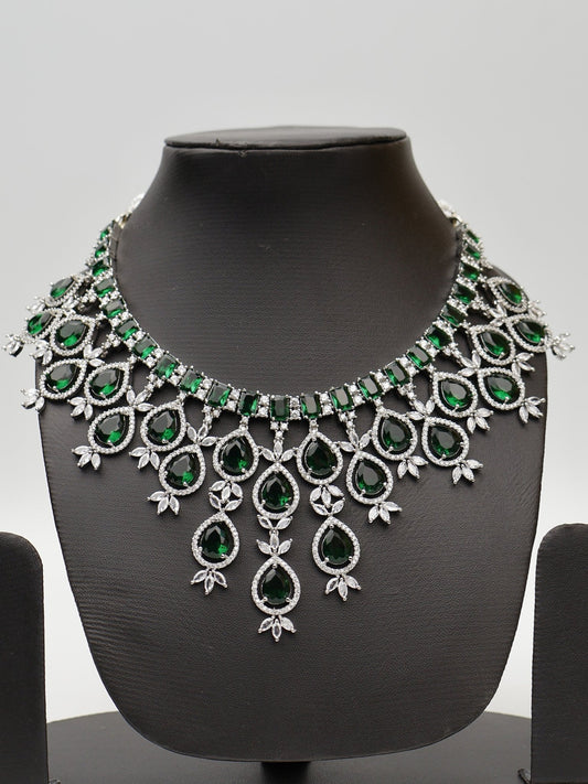 Green Stones Reverse AD Necklace Set with Earings - UrbanNest Co