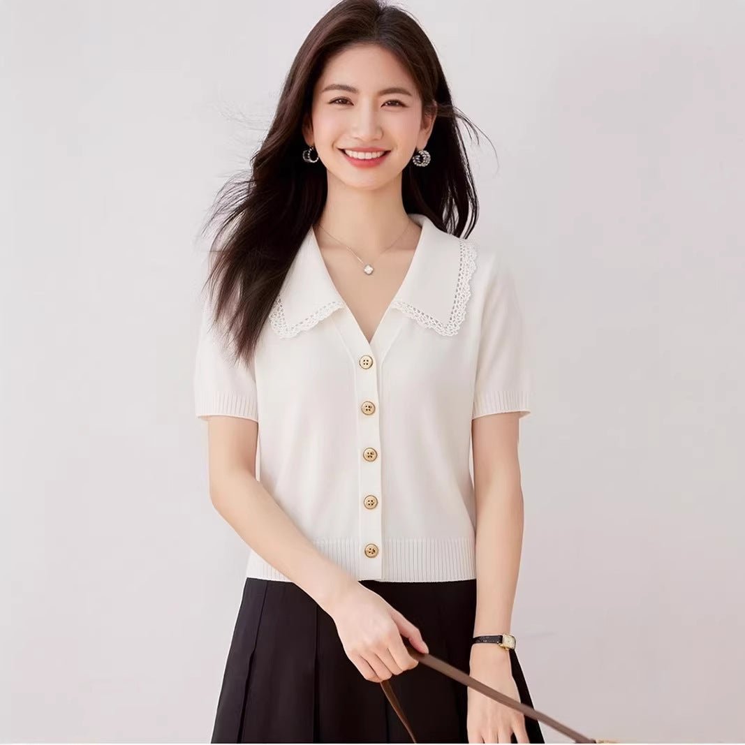 Navy Blue Lace Turn - Down Collar Knitted Short Sleeve T-Shirt for Women Summer Casual Top - UrbanNest Co