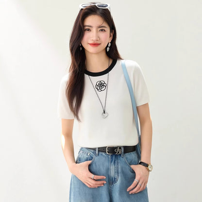 Camellia Embroidery Ice Silk Short Sleeve T-Shirt for WomenRegular Shoulde Body Concealing Top - UrbanNest Co
