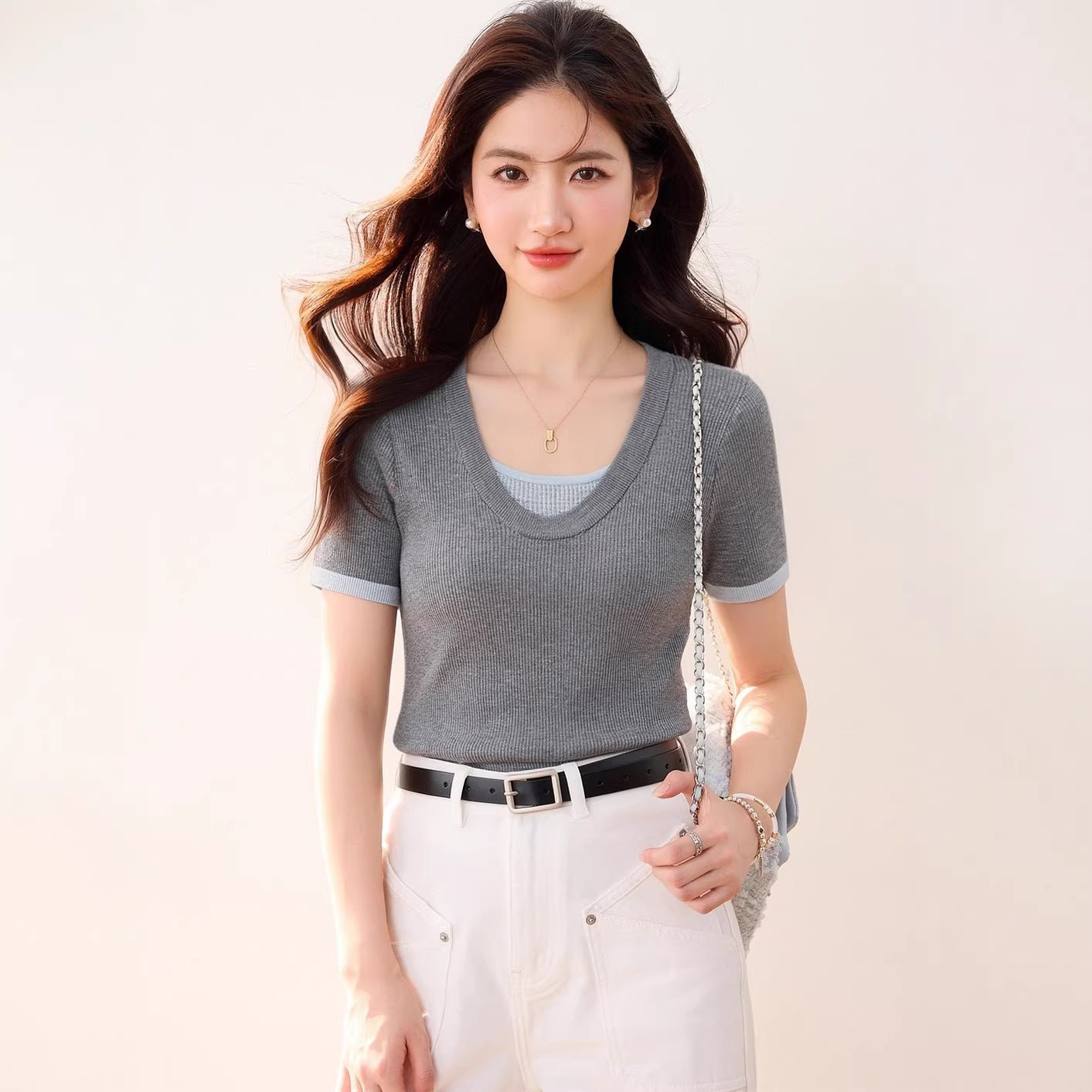 U - neck Color - block Slimming Waist Cinching Design Knit Top for Women Short Sleeve T-shirt Two - piece Look Summer Fashion Top - UrbanNest Co