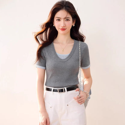U - neck Color - block Slimming Waist Cinching Design Knit Top for Women Short Sleeve T-shirt Two - piece Look Summer Fashion Top - UrbanNest Co