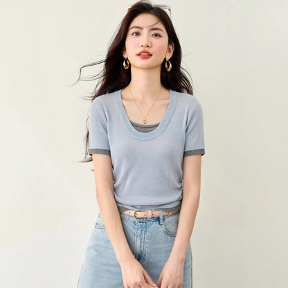 U - neck Color - block Slimming Waist Cinching Design Knit Top for Women Short Sleeve T-shirt Two - piece Look Summer Fashion Top - UrbanNest Co