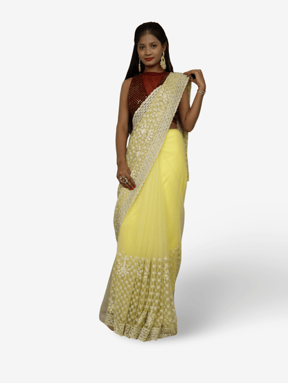 Stunning Lemon Yellow Soft Net Fabric Saree for Women by Shreekama - UrbanNest Co