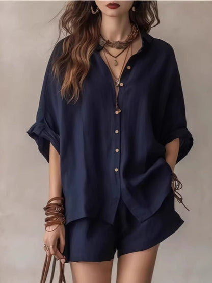Women's wear 2026 solid color loose button - down shirt and shorts casual - UrbanNest Co