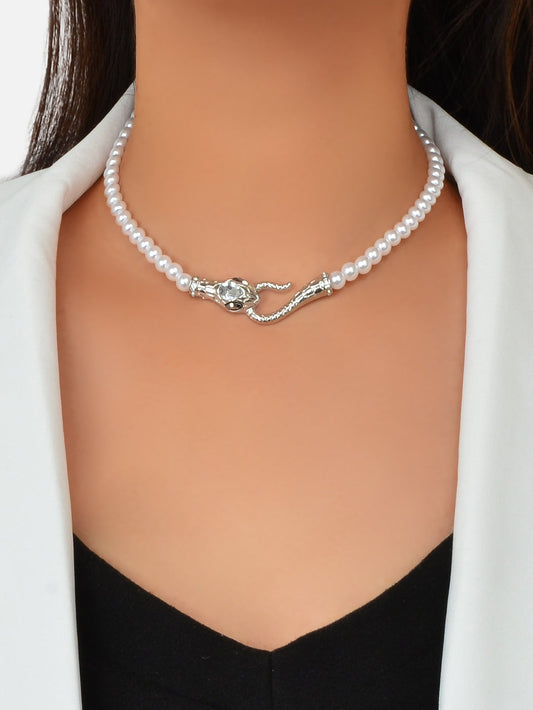Punk Retro Pearl Beads Chain Gold Silver Snake Short Clavicle Statement Necklace - UrbanNest Co