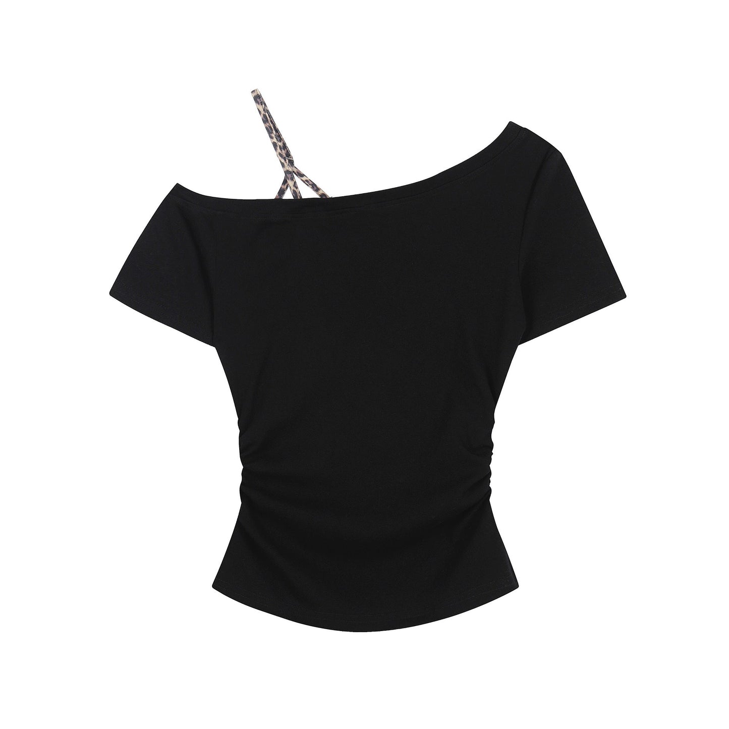 Leopard Print Star Pattern Off - Shoulder T-Shirt , Summer Fitted Slimming Sleeveless False Two - Piece Short Sleeve Top - UrbanNest Co