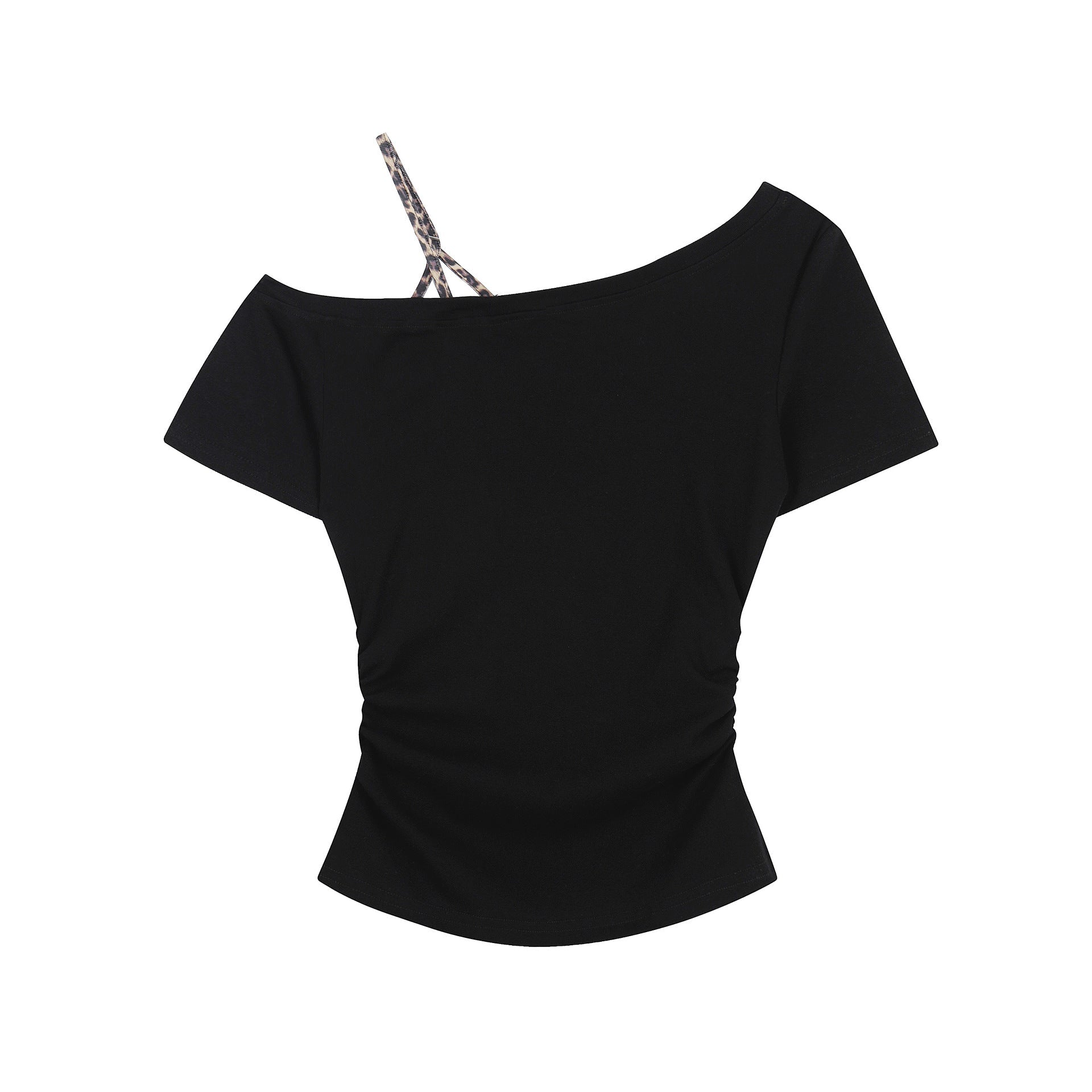 Leopard Print Star Pattern Off - Shoulder T-Shirt , Summer Fitted Slimming Sleeveless False Two - Piece Short Sleeve Top - UrbanNest Co