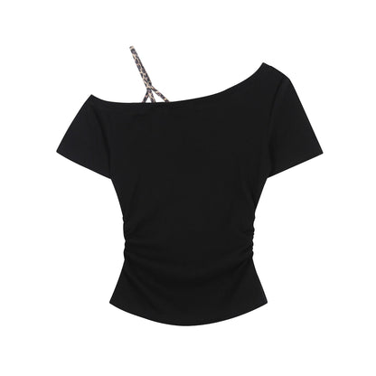 Leopard Print Star Pattern Off - Shoulder T-Shirt , Summer Fitted Slimming Sleeveless False Two - Piece Short Sleeve Top - UrbanNest Co