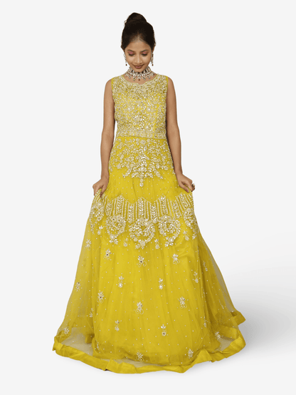 Lemon yellow gown with mirror and pearl work to soft net fabric for women by Shreekama - UrbanNest Co