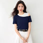 Asymmetric Two - Tone Ice Silk Knit Off - Shoulder Short Sleeve Top for Women Summer Casual - UrbanNest Co