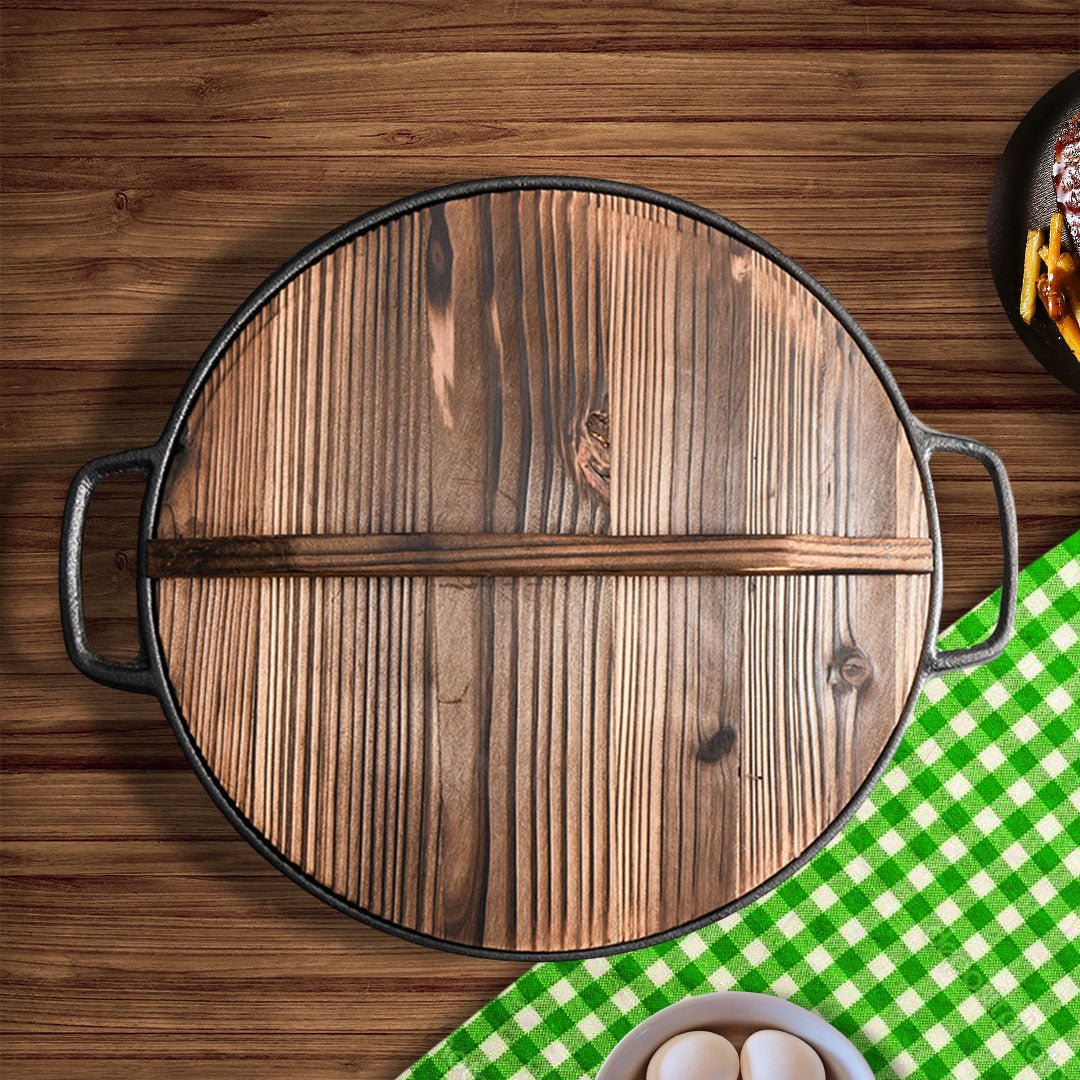 SOGA 2X 31cm Round Cast Iron Pre - seasoned Deep Baking Pizza Frying Pan Skillet with Wooden Lid - UrbanNest Co