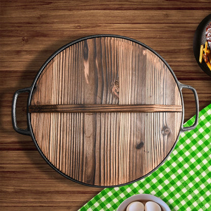 SOGA 2X 31cm Round Cast Iron Pre - seasoned Deep Baking Pizza Frying Pan Skillet with Wooden Lid - UrbanNest Co