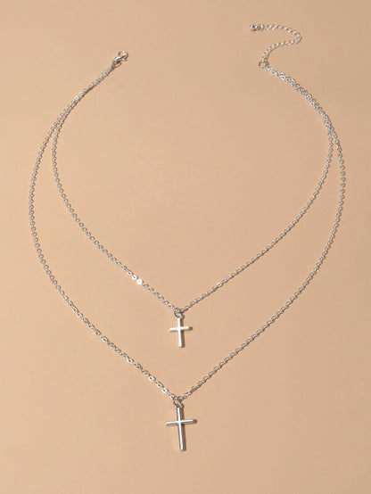 Fashion Jewellery Silver Chain Double layer Chain Cross Pendant Women Necklace - UrbanNest Co