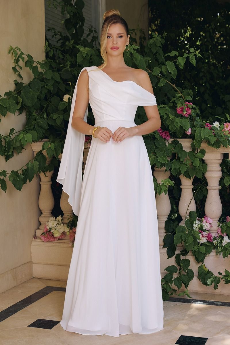 Flowing chiffon gown, one - shoulder neckline A - line - UrbanNest Co