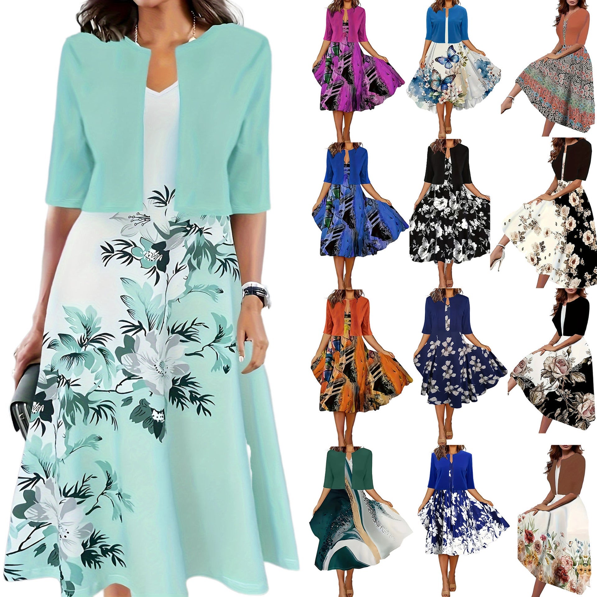Two - piece long dress with floral and grass print, round neckline - UrbanNest Co